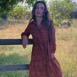 ANTHROPOLOGIE x EVA FRANCO | Josie Eyelet Tunic Dress in Rust Brown, EUC
